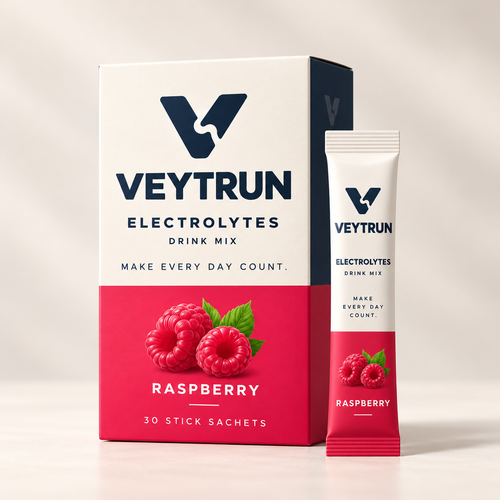 VEYTRUN Raspberry electrolytes box and sachet — packaging concept
